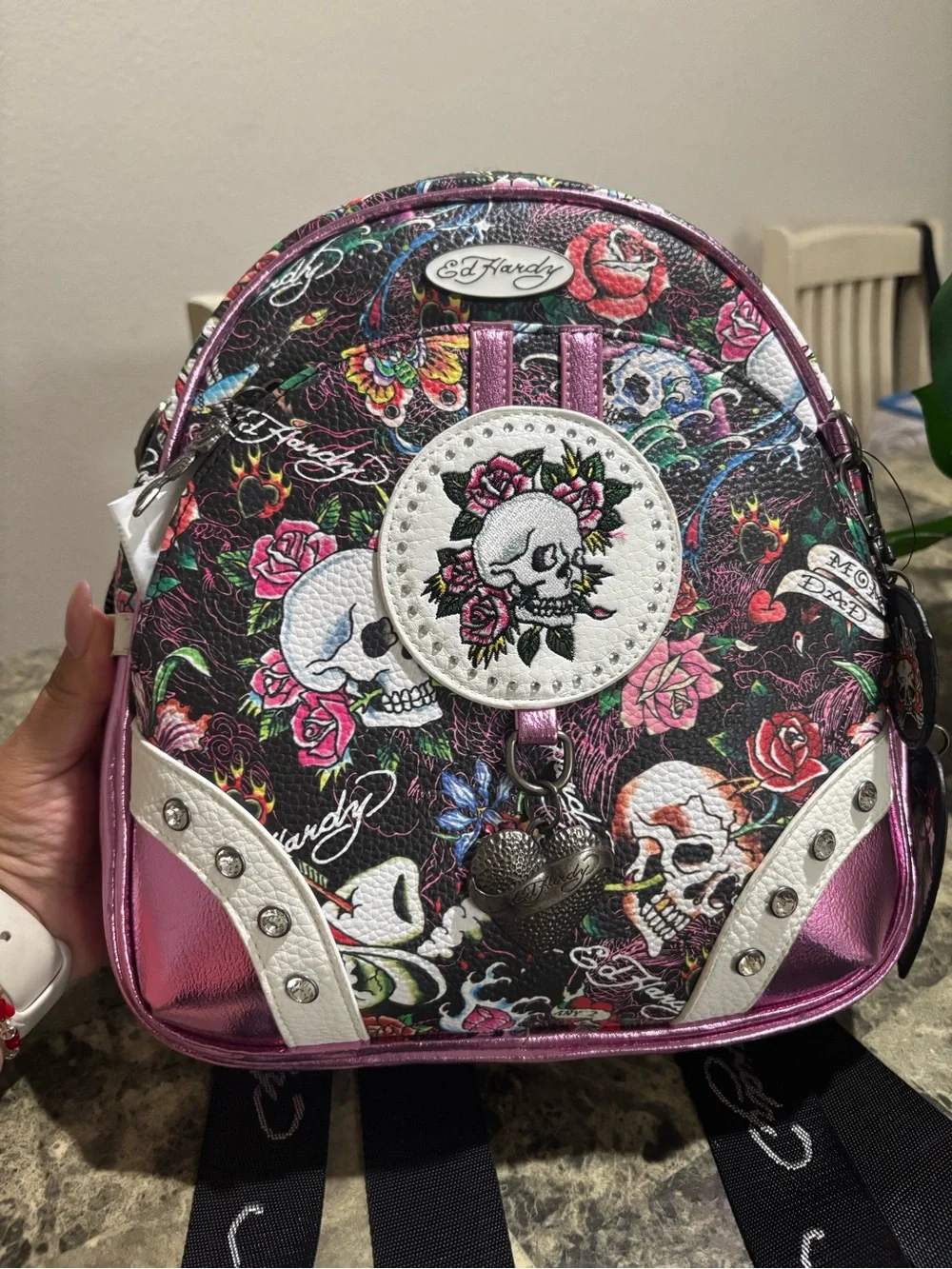 Ed Hardy Black Floral Skull Mini Backpack with Pink Accents